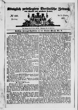 Königlich privilegirte Berlinische Zeitung von Staats- und gelehrten Sachen vom 02.10.1857