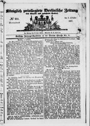 Königlich privilegirte Berlinische Zeitung von Staats- und gelehrten Sachen vom 03.10.1857