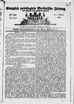 Königlich privilegirte Berlinische Zeitung von Staats- und gelehrten Sachen on Oct 7, 1857