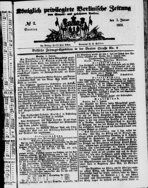 Königlich privilegirte Berlinische Zeitung von Staats- und gelehrten Sachen vom 03.01.1858