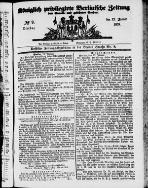 Königlich privilegirte Berlinische Zeitung von Staats- und gelehrten Sachen vom 12.01.1858