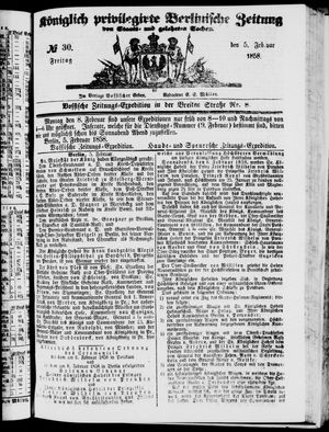 Königlich privilegirte Berlinische Zeitung von Staats- und gelehrten Sachen on Feb 5, 1858