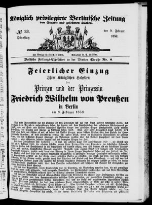 Königlich privilegirte Berlinische Zeitung von Staats- und gelehrten Sachen vom 09.02.1858