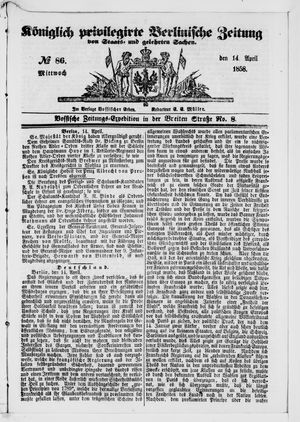 Königlich privilegirte Berlinische Zeitung von Staats- und gelehrten Sachen on Apr 14, 1858