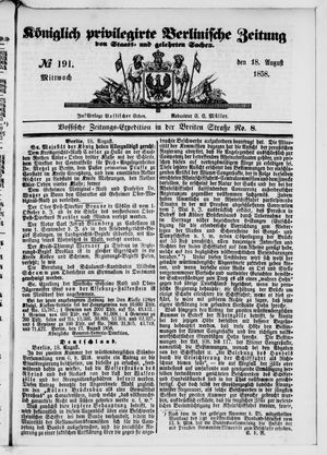 Königlich privilegirte Berlinische Zeitung von Staats- und gelehrten Sachen vom 18.08.1858