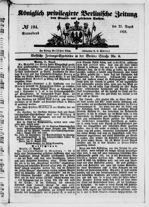 Königlich privilegirte Berlinische Zeitung von Staats- und gelehrten Sachen vom 21.08.1858