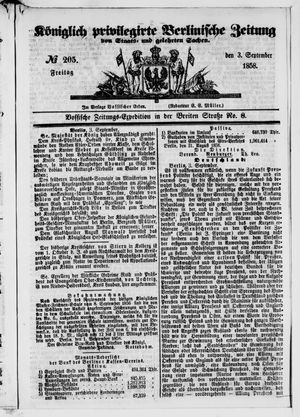 Königlich privilegirte Berlinische Zeitung von Staats- und gelehrten Sachen on Sep 3, 1858