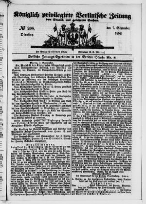 Königlich privilegirte Berlinische Zeitung von Staats- und gelehrten Sachen vom 07.09.1858