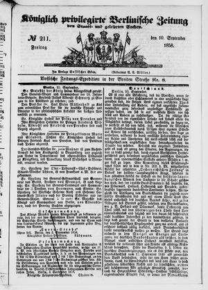 Königlich privilegirte Berlinische Zeitung von Staats- und gelehrten Sachen vom 10.09.1858