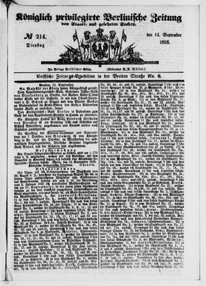 Königlich privilegirte Berlinische Zeitung von Staats- und gelehrten Sachen vom 14.09.1858