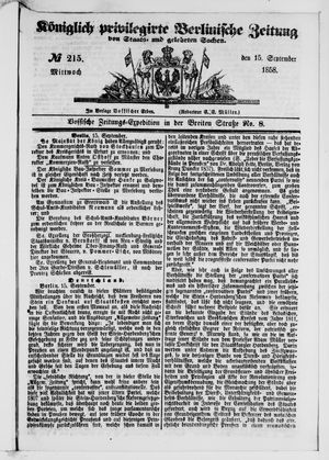 Königlich privilegirte Berlinische Zeitung von Staats- und gelehrten Sachen vom 15.09.1858