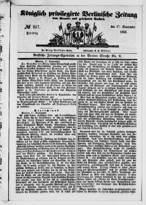 Königlich privilegirte Berlinische Zeitung von Staats- und gelehrten Sachen vom 17.09.1858