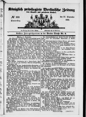 Königlich privilegirte Berlinische Zeitung von Staats- und gelehrten Sachen vom 23.09.1858