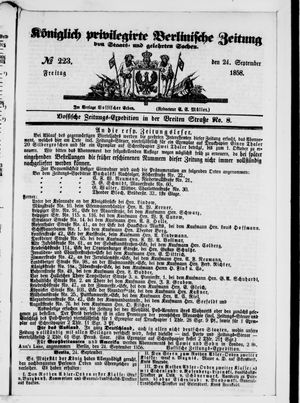 Königlich privilegirte Berlinische Zeitung von Staats- und gelehrten Sachen on Sep 24, 1858