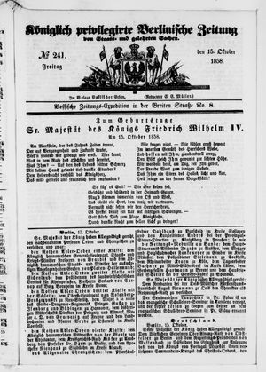 Königlich privilegirte Berlinische Zeitung von Staats- und gelehrten Sachen vom 15.10.1858
