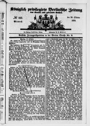 Königlich privilegirte Berlinische Zeitung von Staats- und gelehrten Sachen vom 20.10.1858