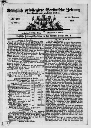 Königlich privilegirte Berlinische Zeitung von Staats- und gelehrten Sachen vom 16.11.1858