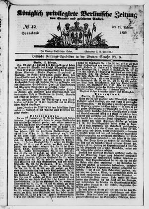 Königlich privilegirte Berlinische Zeitung von Staats- und gelehrten Sachen vom 19.02.1859