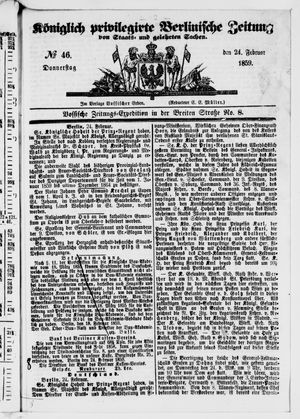 Königlich privilegirte Berlinische Zeitung von Staats- und gelehrten Sachen vom 24.02.1859