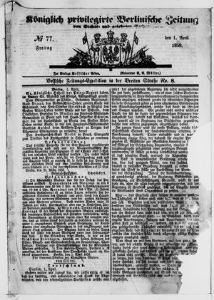 Königlich privilegirte Berlinische Zeitung von Staats- und gelehrten Sachen vom 01.04.1859
