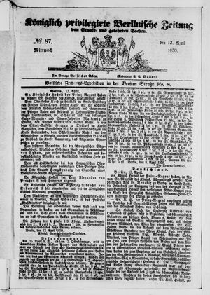 Königlich privilegirte Berlinische Zeitung von Staats- und gelehrten Sachen on Apr 13, 1859