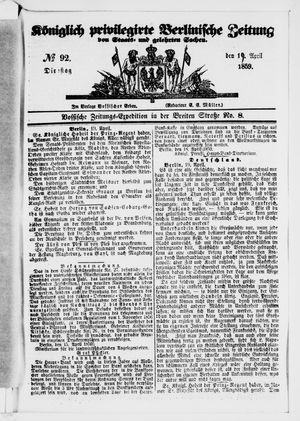 Königlich privilegirte Berlinische Zeitung von Staats- und gelehrten Sachen on Apr 19, 1859