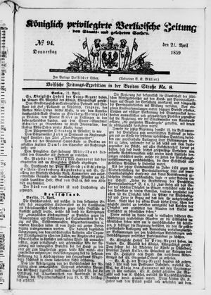 Königlich privilegirte Berlinische Zeitung von Staats- und gelehrten Sachen vom 21.04.1859
