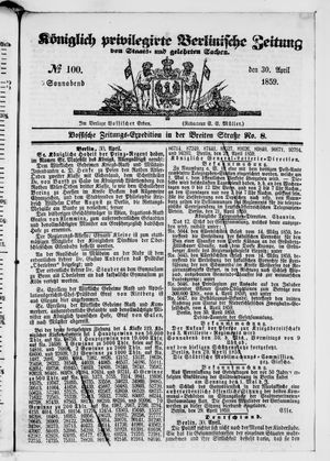 Königlich privilegirte Berlinische Zeitung von Staats- und gelehrten Sachen on Apr 30, 1859