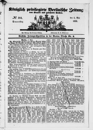 Königlich privilegirte Berlinische Zeitung von Staats- und gelehrten Sachen on May 5, 1859