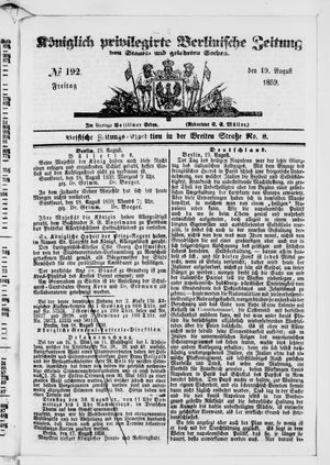 Königlich privilegirte Berlinische Zeitung von Staats- und gelehrten Sachen vom 19.08.1859