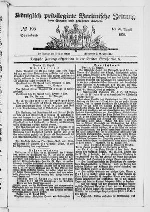 Königlich privilegirte Berlinische Zeitung von Staats- und gelehrten Sachen on Aug 20, 1859