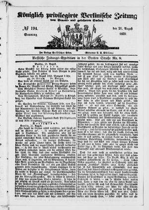 Königlich privilegirte Berlinische Zeitung von Staats- und gelehrten Sachen on Aug 21, 1859