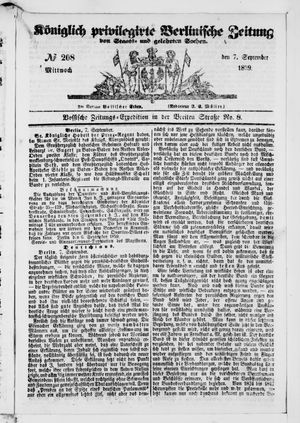 Königlich privilegirte Berlinische Zeitung von Staats- und gelehrten Sachen on Sep 7, 1859