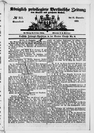 Königlich privilegirte Berlinische Zeitung von Staats- und gelehrten Sachen vom 10.09.1859