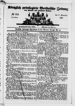 Königlich privilegirte Berlinische Zeitung von Staats- und gelehrten Sachen on Sep 13, 1859