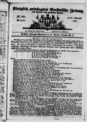 Königlich privilegirte Berlinische Zeitung von Staats- und gelehrten Sachen on Sep 21, 1859