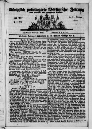 Königlich privilegirte Berlinische Zeitung von Staats- und gelehrten Sachen vom 11.10.1859