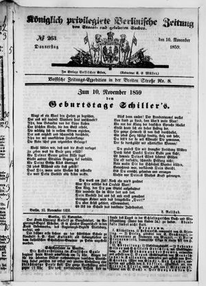Königlich privilegirte Berlinische Zeitung von Staats- und gelehrten Sachen vom 10.11.1859