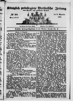 Königlich privilegirte Berlinische Zeitung von Staats- und gelehrten Sachen vom 12.11.1859