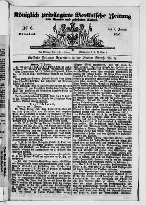 Königlich privilegirte Berlinische Zeitung von Staats- und gelehrten Sachen vom 07.01.1860