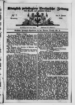 Königlich privilegirte Berlinische Zeitung von Staats- und gelehrten Sachen vom 08.01.1860
