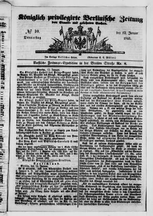 Königlich privilegirte Berlinische Zeitung von Staats- und gelehrten Sachen vom 12.01.1860