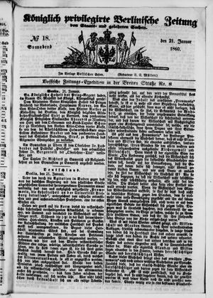 Königlich privilegirte Berlinische Zeitung von Staats- und gelehrten Sachen vom 21.01.1860