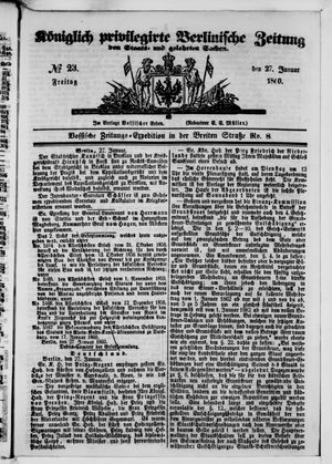 Königlich privilegirte Berlinische Zeitung von Staats- und gelehrten Sachen vom 27.01.1860