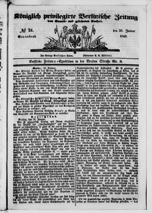 Königlich privilegirte Berlinische Zeitung von Staats- und gelehrten Sachen vom 28.01.1860