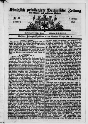 Königlich privilegirte Berlinische Zeitung von Staats- und gelehrten Sachen vom 05.02.1860