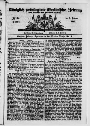 Königlich privilegirte Berlinische Zeitung von Staats- und gelehrten Sachen vom 07.02.1860