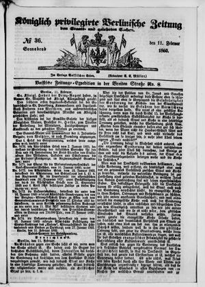 Königlich privilegirte Berlinische Zeitung von Staats- und gelehrten Sachen vom 11.02.1860