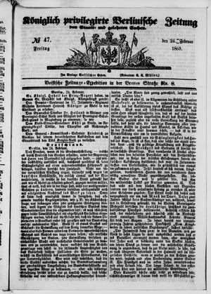 Königlich privilegirte Berlinische Zeitung von Staats- und gelehrten Sachen vom 24.02.1860