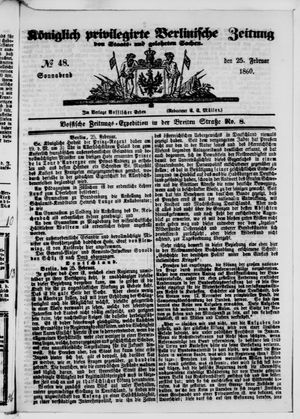 Königlich privilegirte Berlinische Zeitung von Staats- und gelehrten Sachen vom 25.02.1860